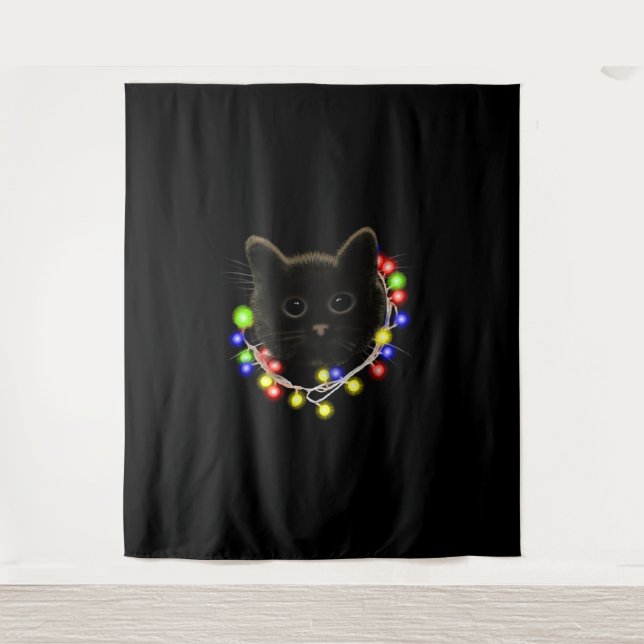 Tapiz Gato negro con luces de Navidad (Anverso)