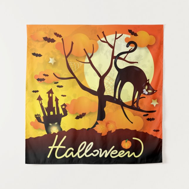 Tapiz Gato negro de Halloween (Anverso)