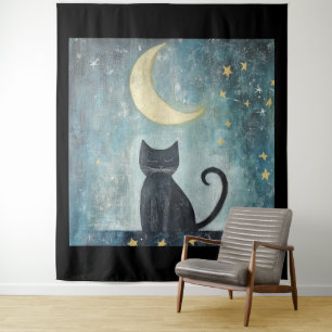 Tapiz Gato negro durmiendo con luna creciente y estrella