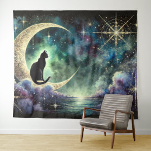 Tapiz Gato negro en luna creciente con cielo nocturno es