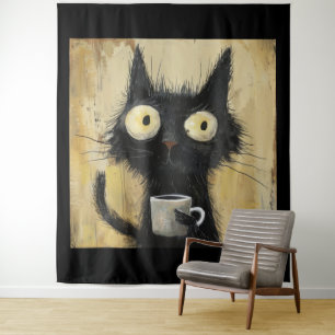 Tapiz Gato negro estresado con café sobre fondo marrón d