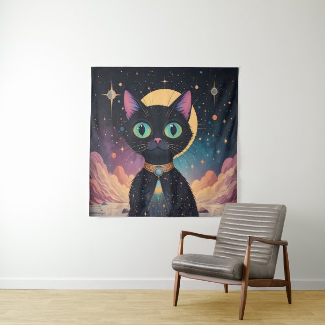 Tapiz Gato negro futurista atómico en luz de la luna (In situ)