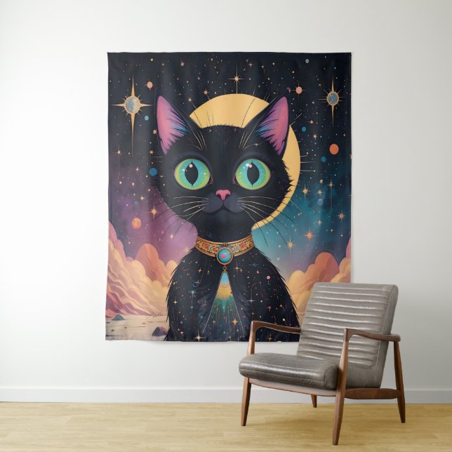 Tapiz Gato negro futurista atómico en luz de la luna (In situ)