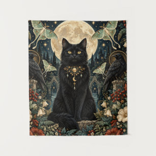 Tapiz Gato Negro Gótico Celestial con Luna y Cuervos.