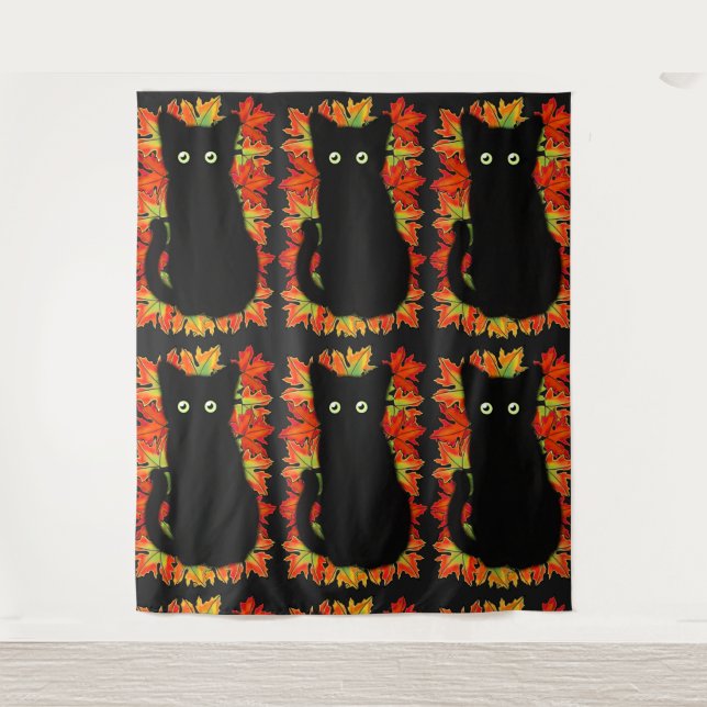Tapiz Gato negro, patrón de hojas de otoño, diversión de (Anverso)