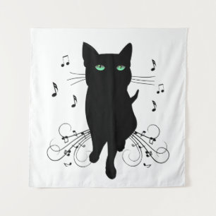 Tapiz Gato negro rodeado de notas susurrantes de música