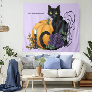 Tapiz Gato Negro Rosa Púrpura Calabaza Otoño