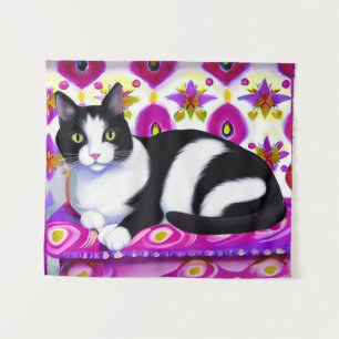 Tapiz Gato negro y blanco de esmoquin en un colchón