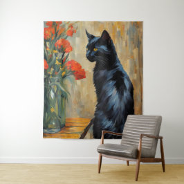 Tapiz Gato negro y flores