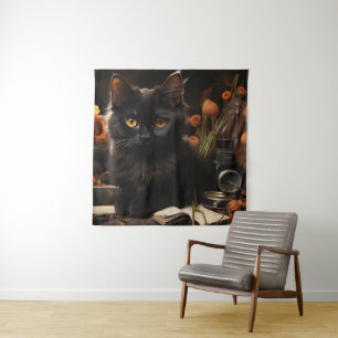 Tapiz Gato negro y flores