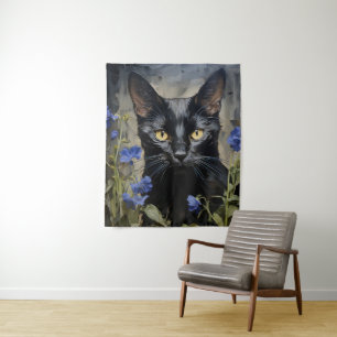 Tapiz Gato negro y flores