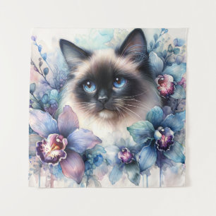 Tapiz Gato siamés entre flores de orquídea acuarela