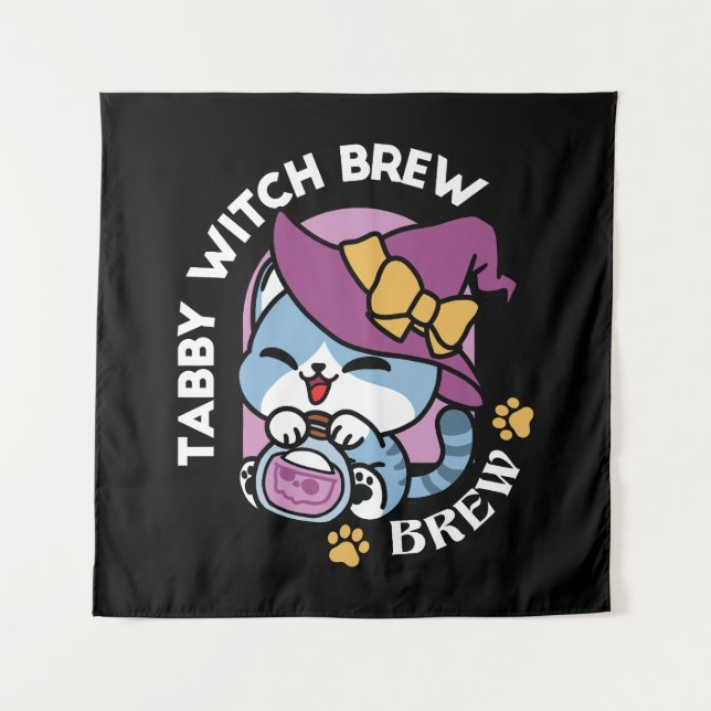 Tapiz Gato Tabby de Halloween – Arte de Sombrero de Bruj (Anverso)