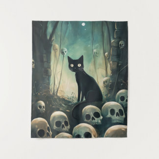 Tapiz Gato y cráneo de Halloween