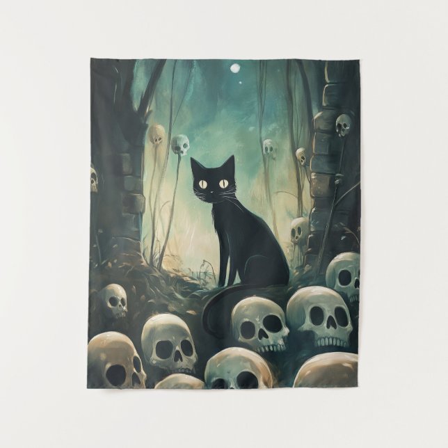 Tapiz Gato y cráneo de Halloween (Anverso)
