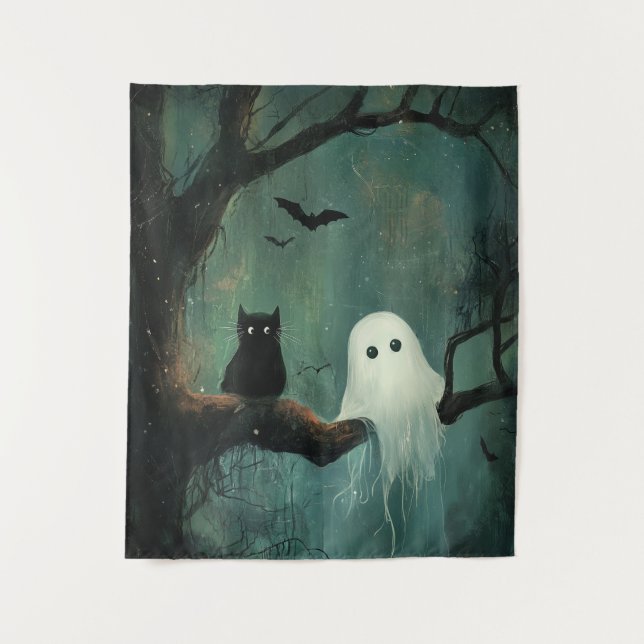 Tapiz Gato y fantasma de Halloween (Anverso)