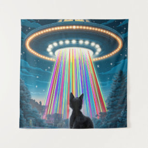 Tapiz Gato y OVNI psicodélico Gracioso arte de secuest