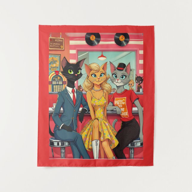 Tapiz Gatos adolescentes de mediados de siglo en una cen (Anverso)