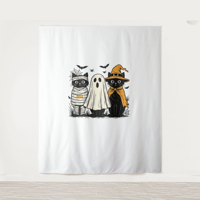Tapiz Gatos negros en disfraces de Halloween - Fantasma, (Anverso)