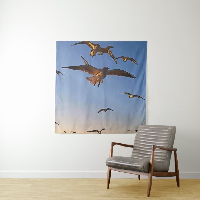 Tapiz Gaviotas con arte de contorno negro de vuelo (In situ)