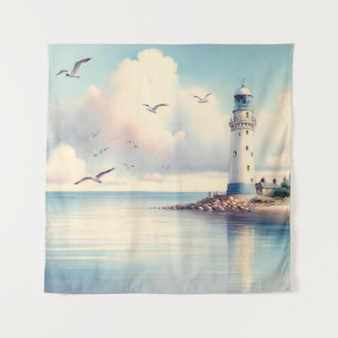Tapiz Gaviotas de faro costero Serenidad de cielo pastel