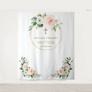 Tapiz Gemelas Rosa Blanco Floral Bautizo Dorado Prop par