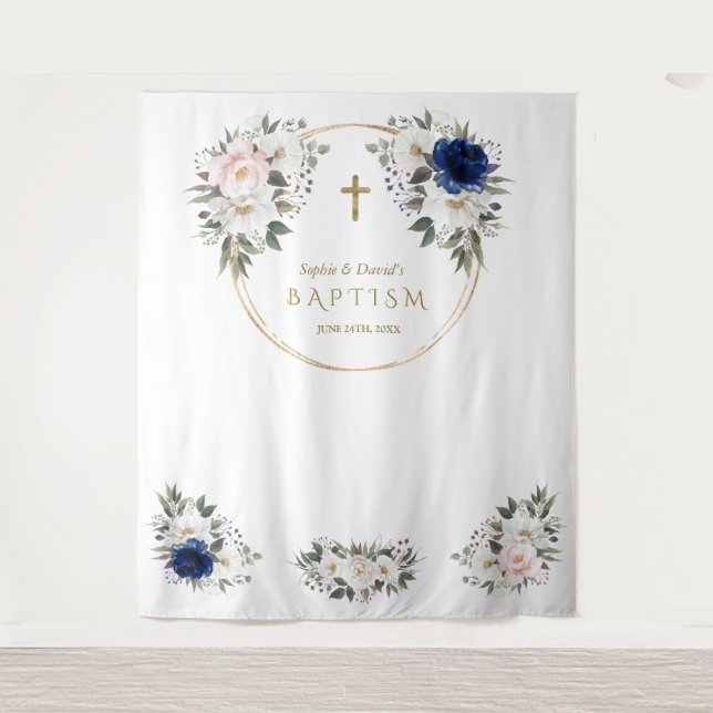 Tapiz Gemelos Floral Azul Rosa Bautismo Oro Foto Prop (Anverso)