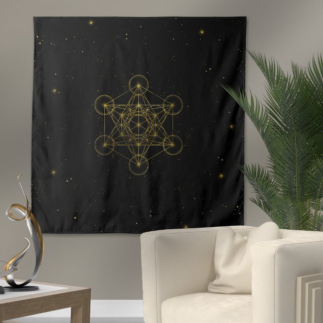 Tapiz Geometría sagrada del cubo de Metatron, negro y or (Subido por el creador)