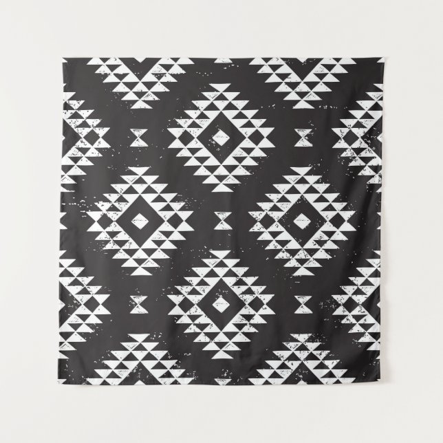 Tapiz Geométrica Navajo: Tribal Blanco Negro. (Anverso)