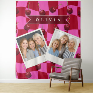 Tapiz Gingham de Cereza Personalizado Retro con Nombre P