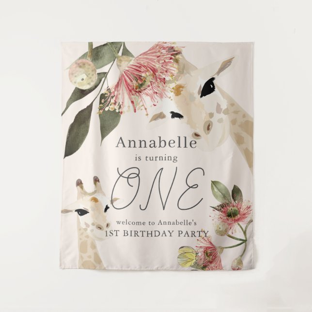 Tapiz Giraffe Chica Floral Rosa Primer cumpleaños Bienve (Anverso)