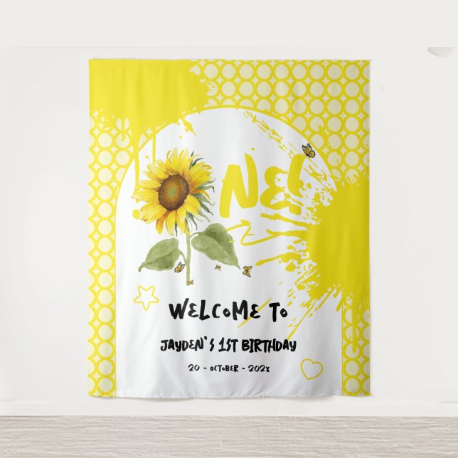 Tapiz Girasol acuarela con mariposas Cumpleaños 1 (Anverso)