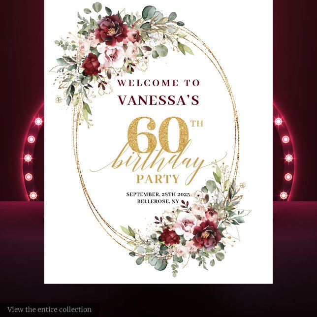 Tapiz Glam Boho Burgundy Gold Floral 60th Birthday Prop (Glam Boho Burgundy Gold Floral 60th Birthday Backdrop)