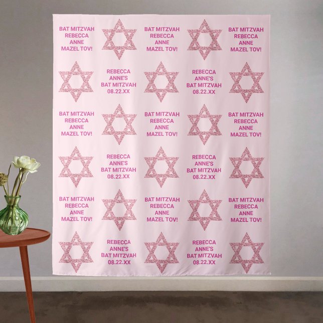 Tapiz Glam Estrella Rosa De David Photo Booth Bat Mitzva (These glam pink Bat Mitzvah backdrop tapestries are easy to personalize for photo booths and décor)
