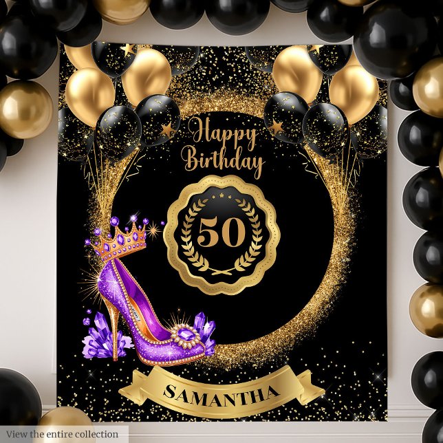Tapiz Glam Purple High Heels Gold Fiesta de cumpleaños 5 (Glam Purple High Heels Gold 50th Birthday Party Tapestry)