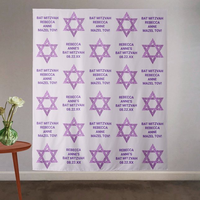 Tapiz Glam Purple Star De David Photo Booth Bat Mitzvah (Custom purple glam Bat Mitzvah backdrop for step and repeat, photo booth or pure decoration)