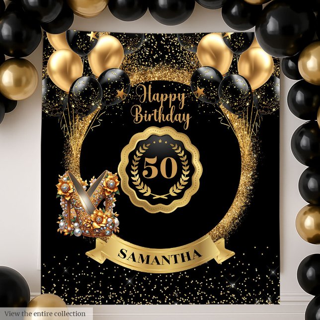 Tapiz Glam, Purpurina del Oro Negro, 50 aniversario del  (Black Gold Glitter Glam 50th Birthday Backdrop)