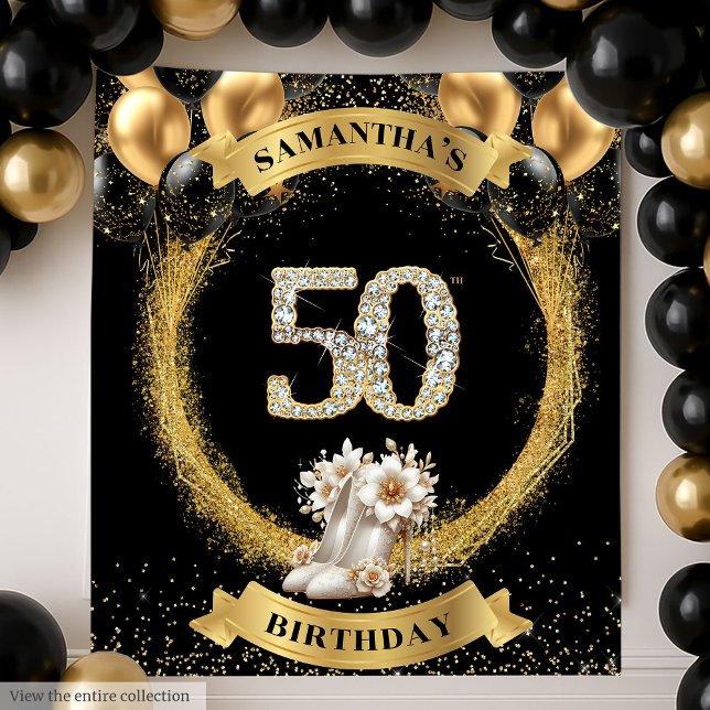 Tapiz Glamoroso cartel de 50 años de Diamond High Heels (Glamorous 50th Birthday Banner Diamond High Heels)