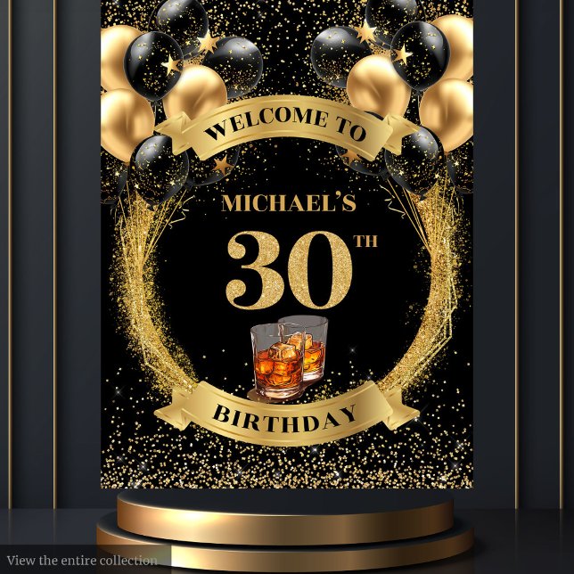 Tapiz Glamoroso cartel del evento Whiskey del cumpleaños (Glamorous 30th Man Birthday Whiskey Event Banner)