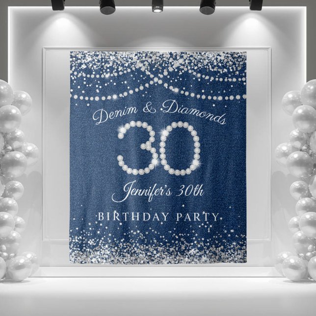 Tapiz Glamoroso Denim & Diamonds 30 aniversario de fondo (Denim and Diamonds 30th Birthday Party Backdrop)