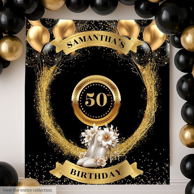 Tapiz Glamoroso telón de fondo de cumpleaños 50 tacones  (Glamorous 50th Birthday Backdrop Pink High Heels)