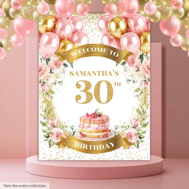 Tapiz Glamuroso Display de Cumpleaños 30 Blush Dorado Fi (Glamorous 30th Birthday Blush Gold Party Display)