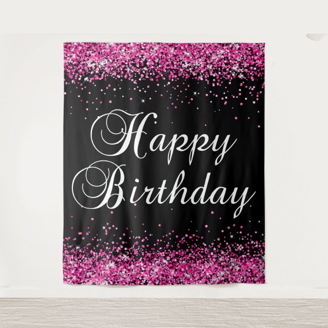 Tapiz Glitter Rosa Caliente Cumpleaños Feliz Negro (Anverso)