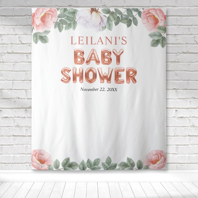 Tapiz Globo de oro rosa para baby shower con telón flora (Pink and white peony with rose gold balloon lettered baby shower for a botanical backdrop for photos)
