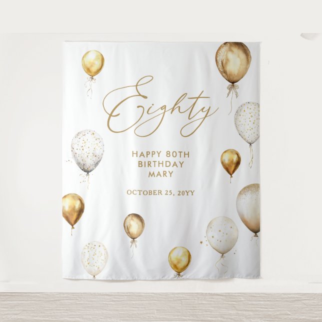 Tapiz Globo dorado de cumpleaños 80 personalizado (Anverso)