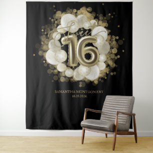 Tapiz Globos de Cumpleaños 16 Dorados Dulces Fondo Negro