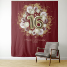Globos de cumpleaños 16 dorados Fondo Burgundy Fie