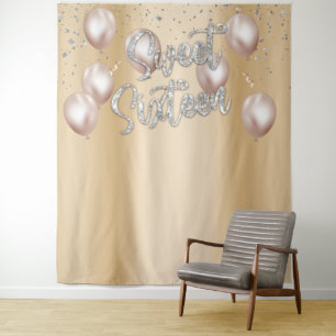 Tapiz Globos de cumpleaños 16 dulces moderna chica dorad