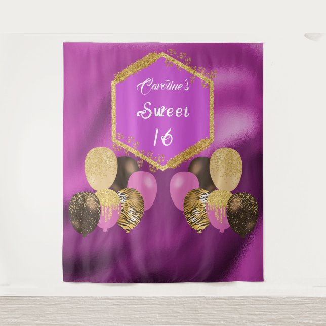 Tapiz Globos de fiesta de purpurina rosa Sweet 16 y purp (Anverso)