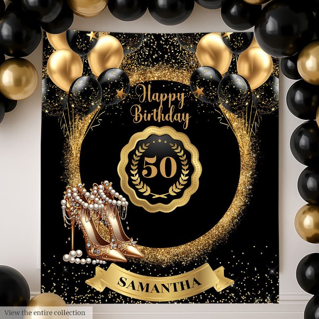 Tapiz Globos de oro negro fondo de cumpleaños número 50 (Black Gold Balloons 50th Birthday Backdrop)